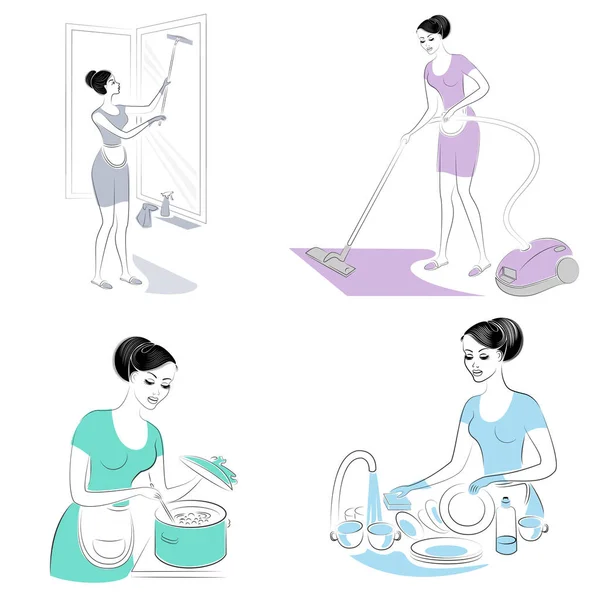 Collectie. Lieve dame. Window Cleaner, het wassen van gerechten, het bereiden van voedsel. De vrouw is een goede vrouw en nette huisvrouw. Vector illustratie — Stockvector