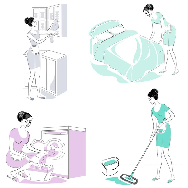 Koleksi. Seorang gadis manis membuat tempat tidur di kamar, mencuci lemari di dapur, mencuci lantai, mencuci cucian. Seorang wanita adalah istri yang baik dan ibu rumah tangga yang rapi. Set ilustrasi vektor - Stok Vektor