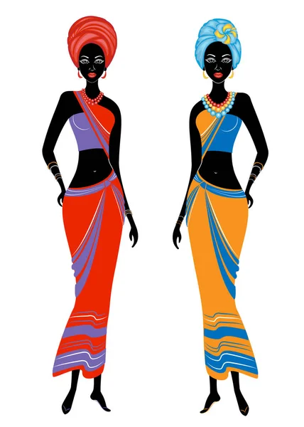 Eine Sammlung schöner afrikanisch-amerikanischer Damen. Mädchen haben helle Kleidung, einen Turban auf dem Kopf. Frauen sind jung und schlank. Vektor Illustration Set — Stockvektor