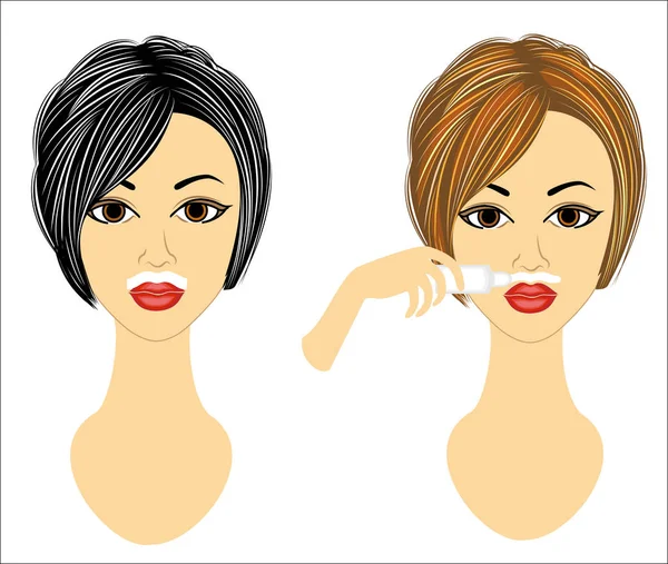 The face of two girls. The ladies make facial depilation on their own. Remove the hair over the upper lip with a gel and wax. Vector illustration — Stock Vector