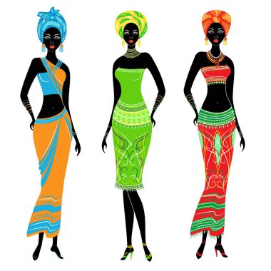 Güzel Afro-Amerikan bayanlar bir koleksiyon. Kızların parlak kıyafetleri, kafalarında sarık var. Kadınlar genç ve zayıf. Vektör illüstrasyon seti