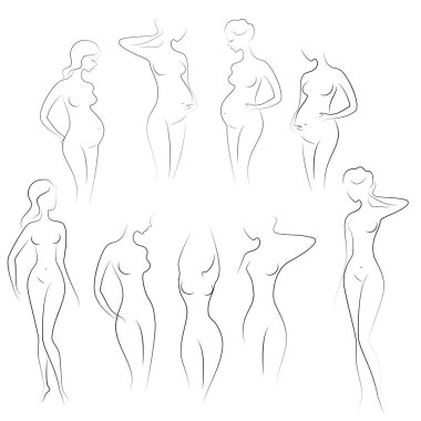 Koleksiyon. Güzel bayanların siluetleri. Güzel kızlar farklı pozlar duruyor. Kadınların figürleri çıplak, kadınsı ve incedir. Bazı kadınlar hamile. Vektör illüstrasyon seti