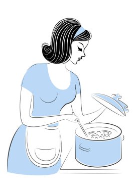 Güzel bir bayanın profili. Kız tencerede yemek pişiriyor. Bir kadın iyi bir eş, düzgün bir ev hanımı, bir hizmetçidir. Vektör çizimi