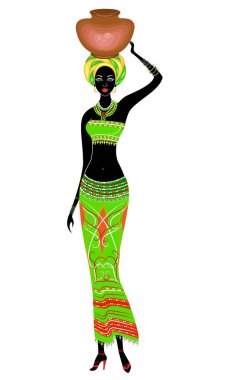 İnce güzel Afro-Amerikan bayan. Kız tenceresinin üzerinde bir çömlek taşıyor. Vektör çizimi