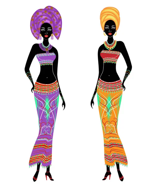 Güzel Afro-Amerikan bayanlar bir koleksiyon. Kızların parlak kıyafetleri, kafalarında sarık var. Kadınlar genç ve zayıf. Vektör illüstrasyon seti — Stok Vektör