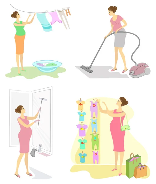 Sammlung. Profil einer niedlichen schwangeren Dame. Zimmer mit Staubsauger reinigen, Wäsche aufhängen, Fenster waschen, Kleidung kaufen. die Frau ist eine gute Ehefrau und gepflegte Hausfrau. Vektor Illustration Set — Stockvektor