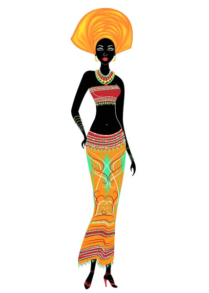 Belle dame afro-américaine mince. La fille a des vêtements brillants, un turban sur la tête. La femme est mince et belle. Illustration vectorielle — Image vectorielle