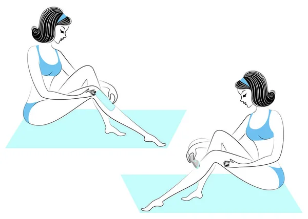 Profil för två flickor. Damerna gör avhårning av benen själva. Ta bort håret med en gel, vax och epilator. Vektor illustration — Stock vektor