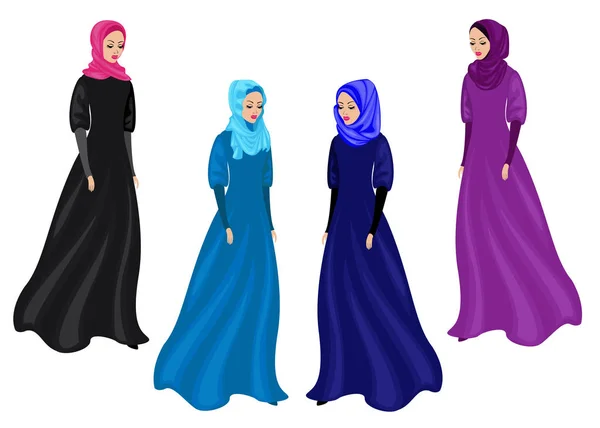 Coleção. Silhueta de uma senhora doce. A menina usa roupas tradicionais de mulheres muçulmanas, hijab. Mulher jovem e bonita. Conjunto de ilustrações vetoriais — Vetor de Stock