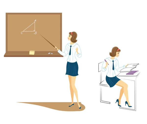 Collection. Young schoolgirls in class. The girl sits at a desk and writes in a notebook. The lady is talking near the board. Set of vector illustrations — Stock Vector