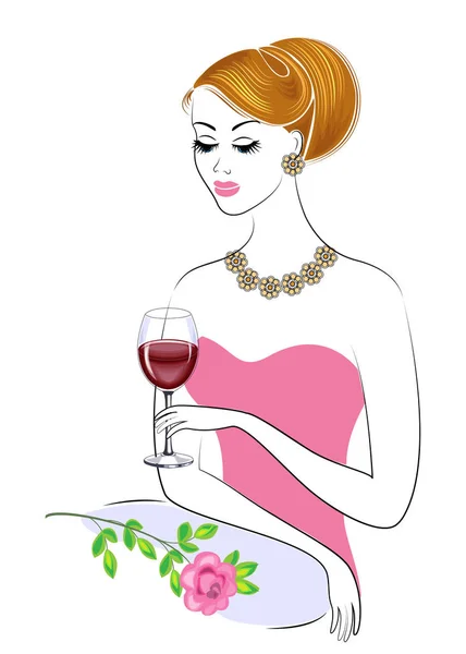 Una hermosa dama está sentada a la mesa. Una chica sostiene una copa de vino tinto. Hay una rosa al lado. Una mujer joven y hermosa. Ilustración vectorial — Archivo Imágenes Vectoriales