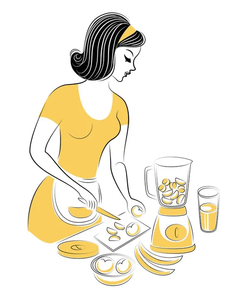 Profil för en vacker kvinna. Flickan förbereder mat. En kvinna slår en frukt mixer med färsk juice. Vektor illustration — Stock vektor