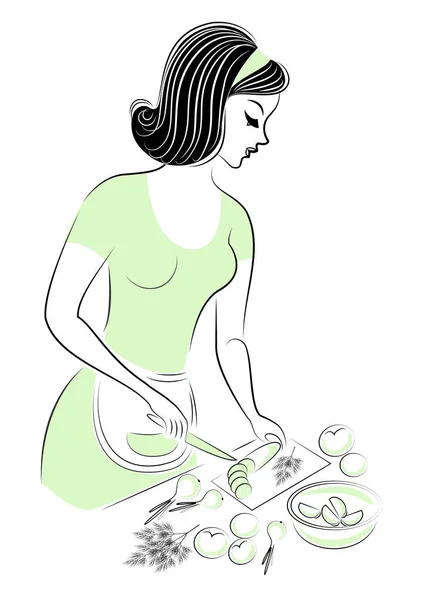 一个美丽的女人的个人资料。那个女孩正在准备食物。一个女人正在沙拉、黄瓜、西红柿、洋葱上切蔬菜。矢量插图 — 图库矢量图片