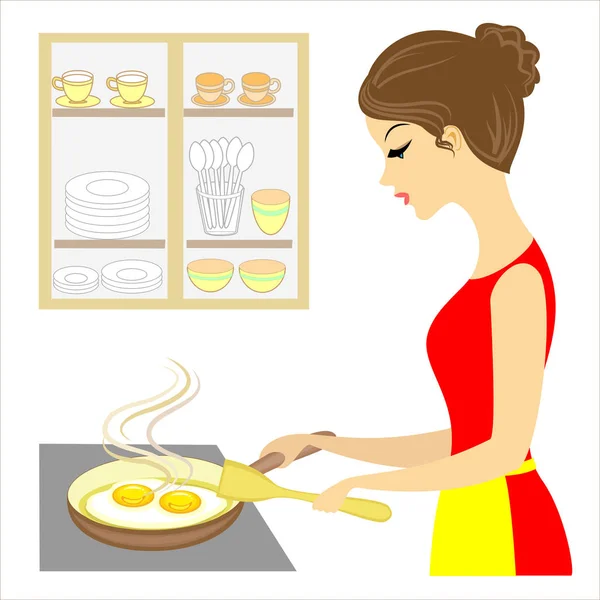 Profilo di una bella signora. La ragazza sta preparando il cibo. Frigga uova su un fornello in una padella per friggere. Una deliziosa e salutare omelette. Illustrazione vettoriale — Vettoriale Stock