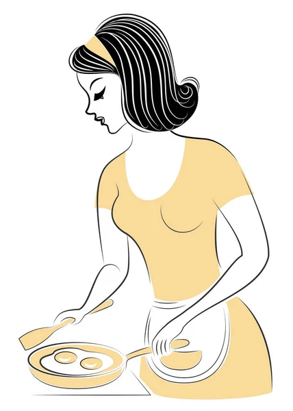 Profil för en vacker dam. Flickan förbereder mat. Stek ägg på en kamin i en stekpanna. En läcker och hälsosam omelett. Vektor illustration — Stock vektor