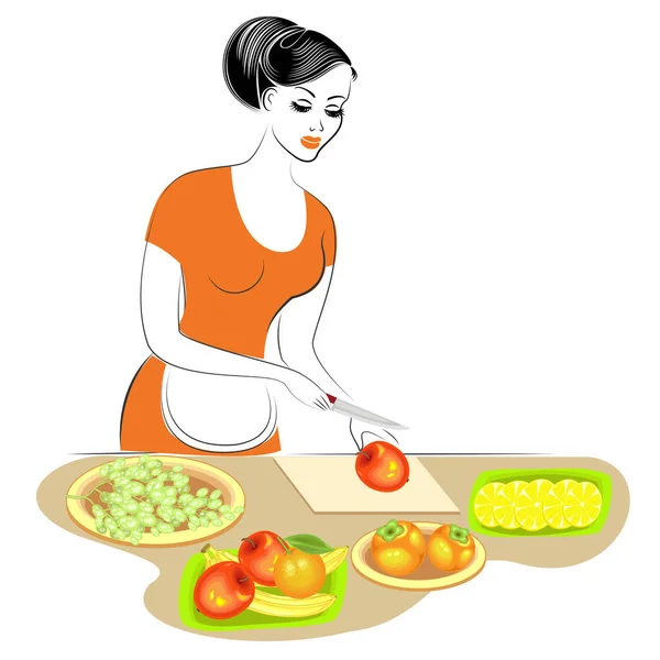 Perfil de uma linda senhora. A rapariga está a preparar comida. Ela põe a mesa de fruta. Corta maçãs, limão, laranja, banana, caqui, uvas. Uma mulher é uma boa dona de casa. Ilustração vetorial — Vetor de Stock