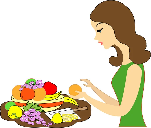 Güzel bir bayanın profili. Kız şenlikli bir masa servis ediyor. O farklı meyve mandalina, üzüm, limon, muz, kivi, elma bir tabak koyar. Vektör çizimi — Stok Vektör