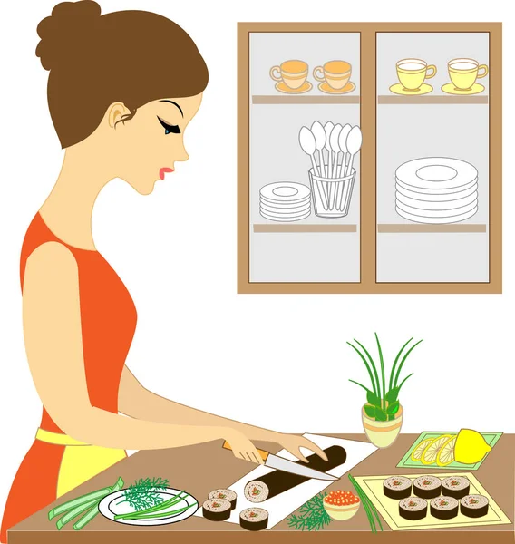 Profilo di una bella signora. La ragazza carina cucina il sushi, fa i panini. Lei è una padrona di casa abile. Illustrazione vettoriale — Vettoriale Stock