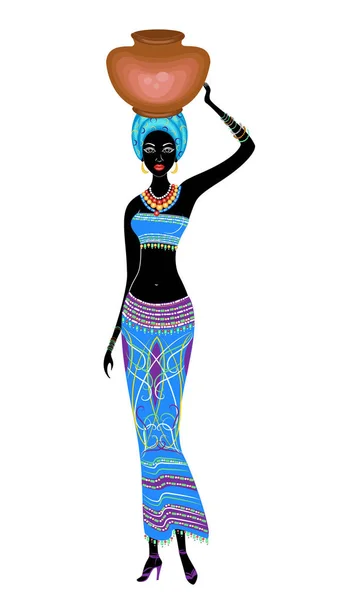 Schlanke schöne afrikanisch-amerikanische Dame. trägt das Mädchen einen Topf auf ihrem Topf. Vektorillustration — Stockvektor