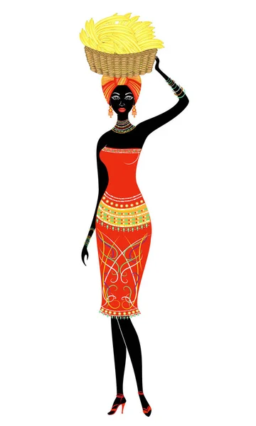 Schlanke schöne afrikanisch-amerikanische Dame. trägt das Mädchen einen Korb mit Bananen auf dem Kopf. Vektorillustration — Stockvektor
