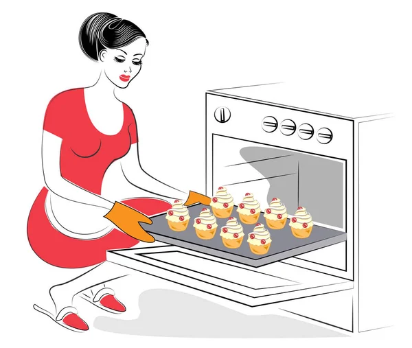 Profiel van een mooie dame. Het meisje bereidt voedsel. Bak in de oven feestelijke koekjes, muffins met meringues en bessen. Een vrouw is een goede huisvrouw. Vector illustratie — Stockvector