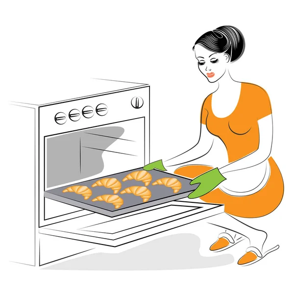 Perfil de uma linda senhora. A rapariga está a preparar comida. Asse no forno biscoitos festivos, croissants franceses. Uma mulher é uma boa dona de casa. Ilustração vetorial — Vetor de Stock