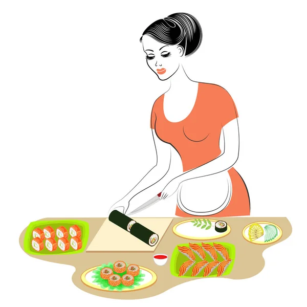 Perfil de uma linda senhora. A rapariga está a preparar comida. Cobre uma mesa de frutos do mar, faz sushi, rola. Tradições da cozinha japonesa. Uma mulher é uma boa dona de casa. Ilustração vetorial — Vetor de Stock