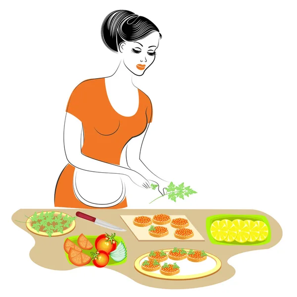 Perfil de uma linda senhora. A rapariga está a preparar comida. Ela põe a mesa de fruta. Corta maçãs, limão, laranja, banana, caqui, uvas. Uma mulher é uma boa dona de casa. Ilustração vetorial — Vetor de Stock