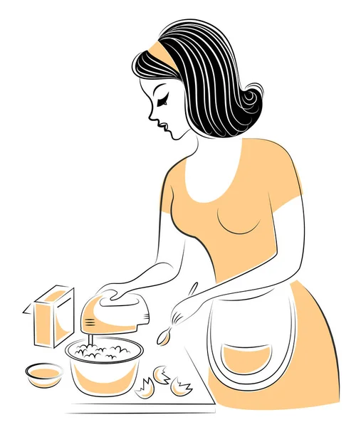 Güzel bir bayanın profili. Kız yemek hazırlıyor. Kadın mikseri yemek, yumurta, kek unuyla dövüyor. Vektör çizimi — Stok Vektör