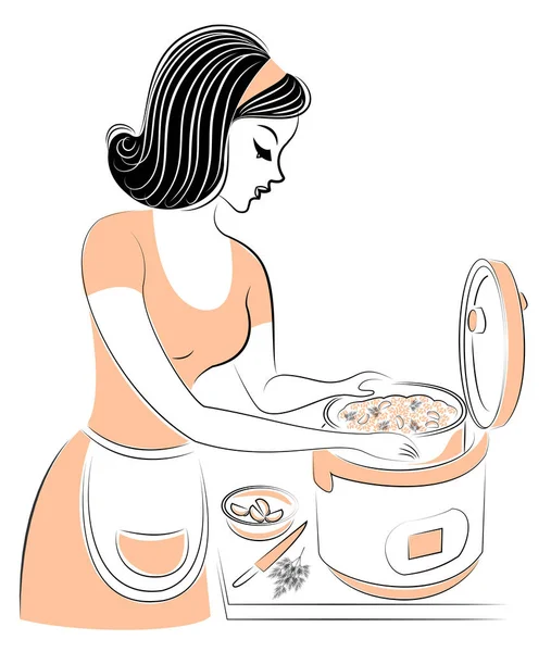 Perfil de uma linda senhora. A menina está preparando uma comida para o multi-fogão. Uma mulher é uma boa dona de casa e uma cozinheira. Ilustração vetorial — Vetor de Stock