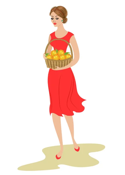 Eine süße Dame trägt einen Korb mit orangefarbenen Früchten. reife und süße Früchte. Das Mädchen ist jung, schlank und schön. Vektorillustration — Stockvektor
