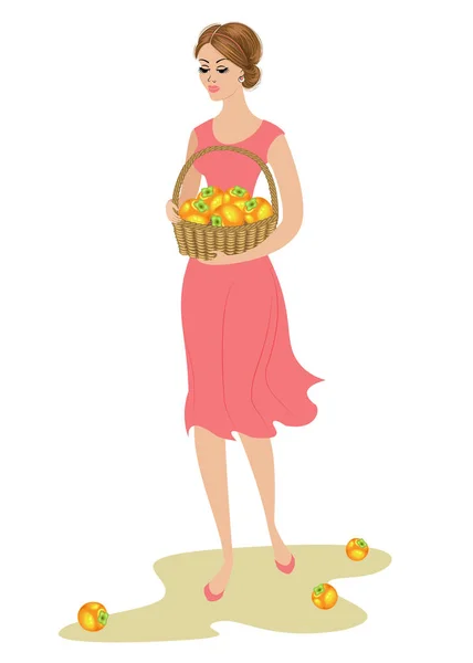 Eine süße Dame trägt einen Korb mit Kaki-Früchten. reife und süße Orangenfrüchte. Das Mädchen ist jung, schlank und schön. Vektorillustration — Stockvektor
