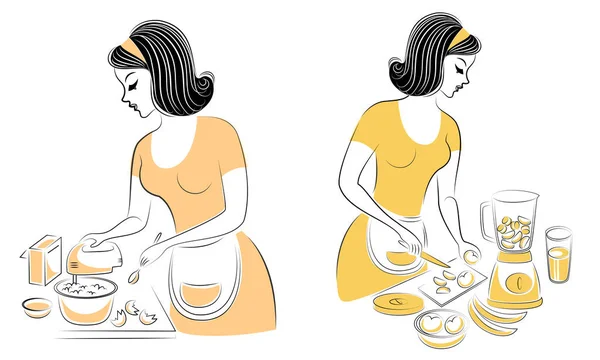 Koleksiyon. Güzel bir kadın profili. Kız yemek hazırlıyor. Bir kadın bir pasta için ürünleri karıştırır, bir blender taze meyve yapma. Vektör çizimleri kümesi — Stok Vektör