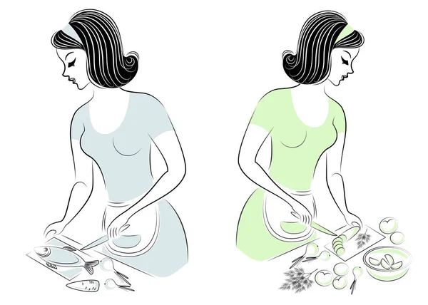 Samling. Profil av Beautiful Lady. Flickan förbereder mat, klipper grönsaker till sallad, renar fisk. Kvinnor är bra hemmafruar, Cook. Vektor illustration — Stock vektor