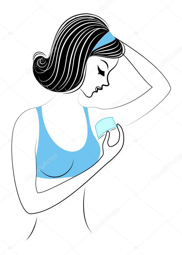 Profile of a beautiful lady. The girl makes wax depilation of the armpits independently. Removes excess hair. Vector illustration