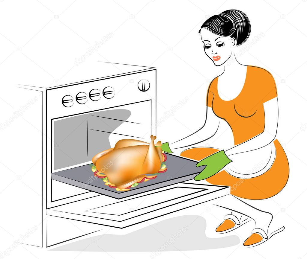 The woman is baking in the oven a stuffed turkey. A traditional dish on the festive table. Cranberry sauce, a garnish of apples, potatoes, greens. Thanksgiving Day. Vector illustration