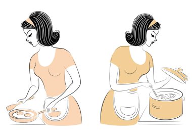Koleksiyon. Tatlı bir bayanProfili. Kız bir tavada ve tencerede yemek hazırlıyor. Bir kadın iyi bir ev hanımı ve hizmetçidir. Vektör illüstrasyon seti