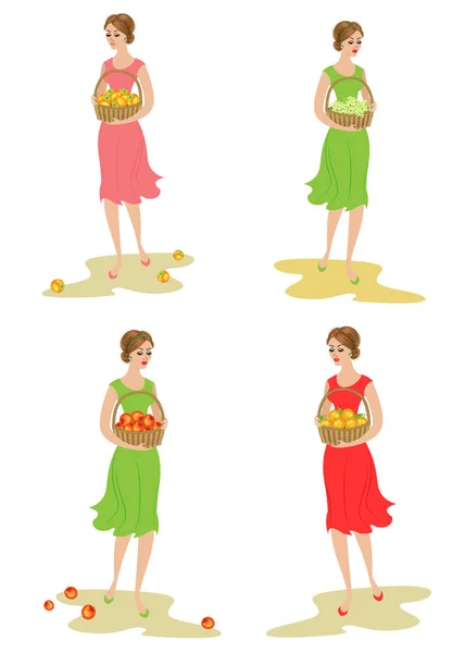 Συλλογή. Μια γλυκιά κυρία κουβαλάει ένα καλάθι με μήλα, σταφίδες, σταφύλια και μανταρίνια. Ώριμα και γλυκά φρούτα. Το κορίτσι είναι νέο και όμορφο. Σύνολο απεικόνισης διανυσματικών φορέων — Διανυσματικό Αρχείο