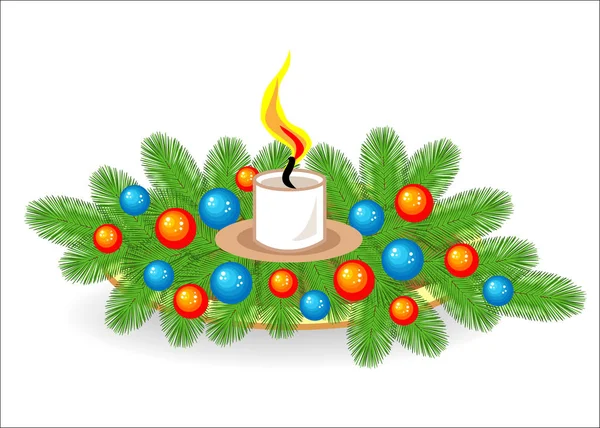 Composizione dei rami degli alberi di Natale. Simbolo tradizionale del nuovo anno. Crea un umore festivo. Decorato con giocattoli luminosi, palle e una candela accesa. Illustrazione vettoriale — Vettoriale Stock