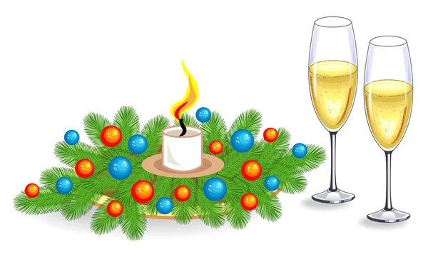 Два бокала шампанского и композиция еловых ветвей. украшение яркие шары. Праздничное Рождество, Новый год. Векторная иллюстрация — стоковый вектор
