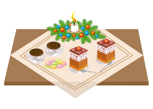 Праздничный стол. Вкусный торт и чай, кофе. Рождественский букет от елки и свеча придают романтическое настроение. Векторная иллюстрация — стоковый вектор