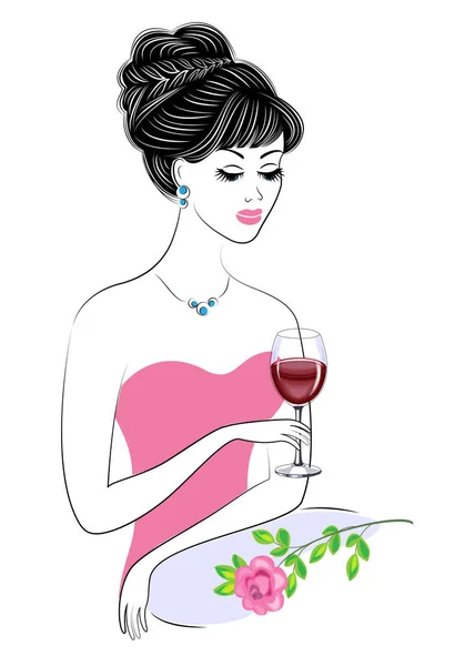 Una hermosa dama está sentada a la mesa. Una chica sostiene una copa de vino tinto. Hay una rosa al lado. Una mujer joven y hermosa. Ilustración vectorial — Archivo Imágenes Vectoriales