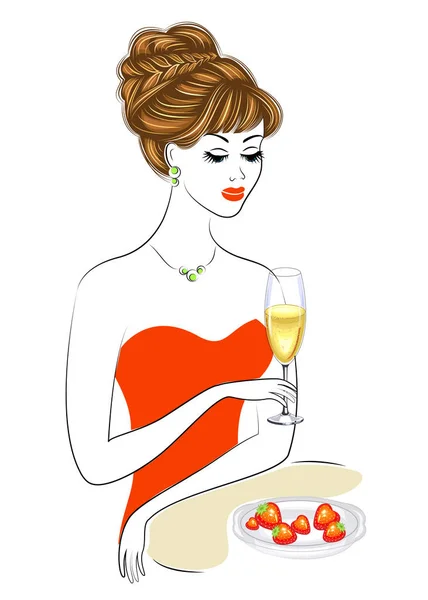 Una hermosa dama está sentada a la mesa. La chica sostiene una copa de vino de champán. Fresa fresca en un plato. Una mujer joven y hermosa. Ilustración vectorial — Archivo Imágenes Vectoriales