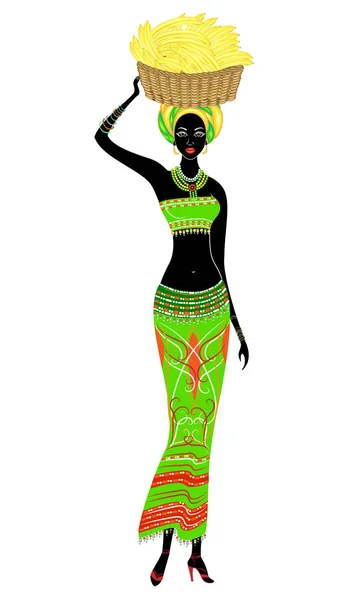 Delgada y hermosa dama afroamericana. La niña lleva una cesta con plátanos en la cabeza. Ilustración vectorial — Vector de stock
