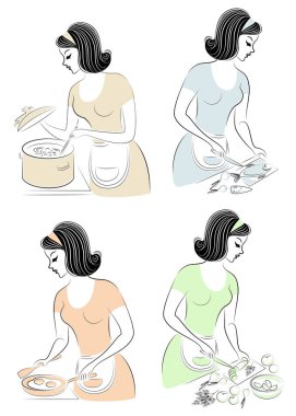 Koleksiyon. Güzel bir bayanın profili. Kız yemek hazırlar, salata için sebze keser, balık temizler, omlet kızartın, tencerede pişirir. Kadınlar iyi ev kadınlarıdır, aşçıdır. Vektör çizimi