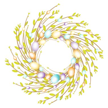 Wreath from young willow branches. The composition is decorated with beautiful Easter eggs. The symbol of spring and Easter. Vector illustration.