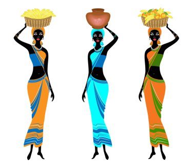 Koleksiyon. İnce güzel Afro-Amerikan bayanlar. Kız muz, portakal, hurma ve bir tencere ile kafasına bir sepet taşır. Vektör illüstrasyon seti