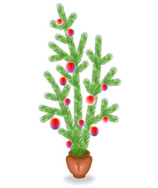 Köknar dalları buketi. Noel ve Yeni Yıl'ın geleneksel sembolü. Şenlikli bir ruh hali yaratır. Parlak oyuncaklar, toplar ile dekore edilmiştir. Vektör çizimi