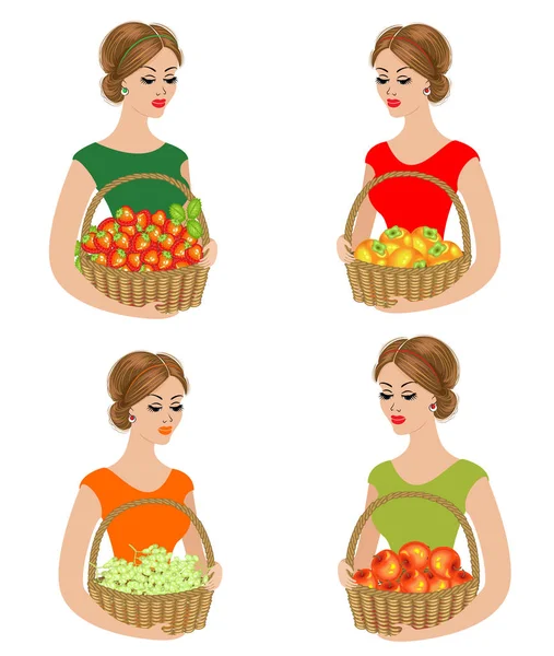 Colección. Una dulce dama sostiene una cesta con manzanas, caquis, uvas, fresas. Frutas maduras y dulces. La chica es joven y hermosa. Juego de ilustración vectorial — Archivo Imágenes Vectoriales