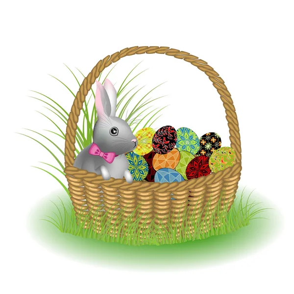 A gray cute rabbit is sitting in a basket with painted Easter eggs. The symbol of Easter in the culture of many countries. Vector illustration — Stock Vector